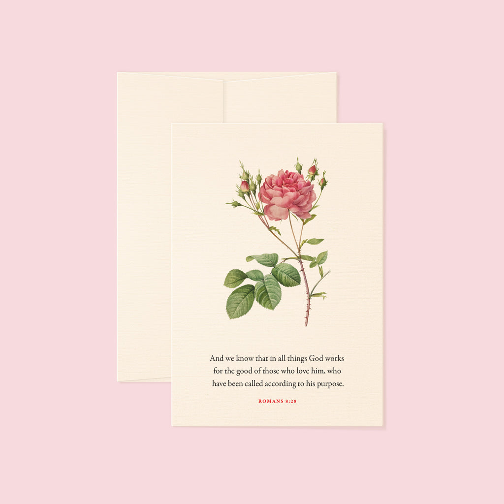 Romans 8:28 Bible verse floral greeting card