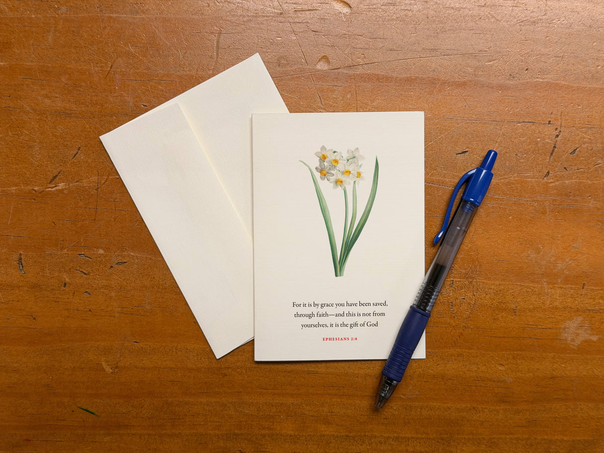 Ephesians 2:8 Bible verse card shown handwritten