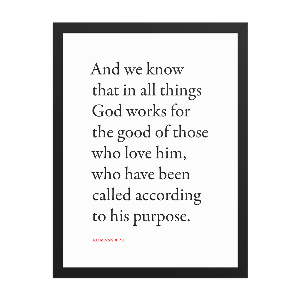 Romans 8:28 Bible verse wall print in black frame