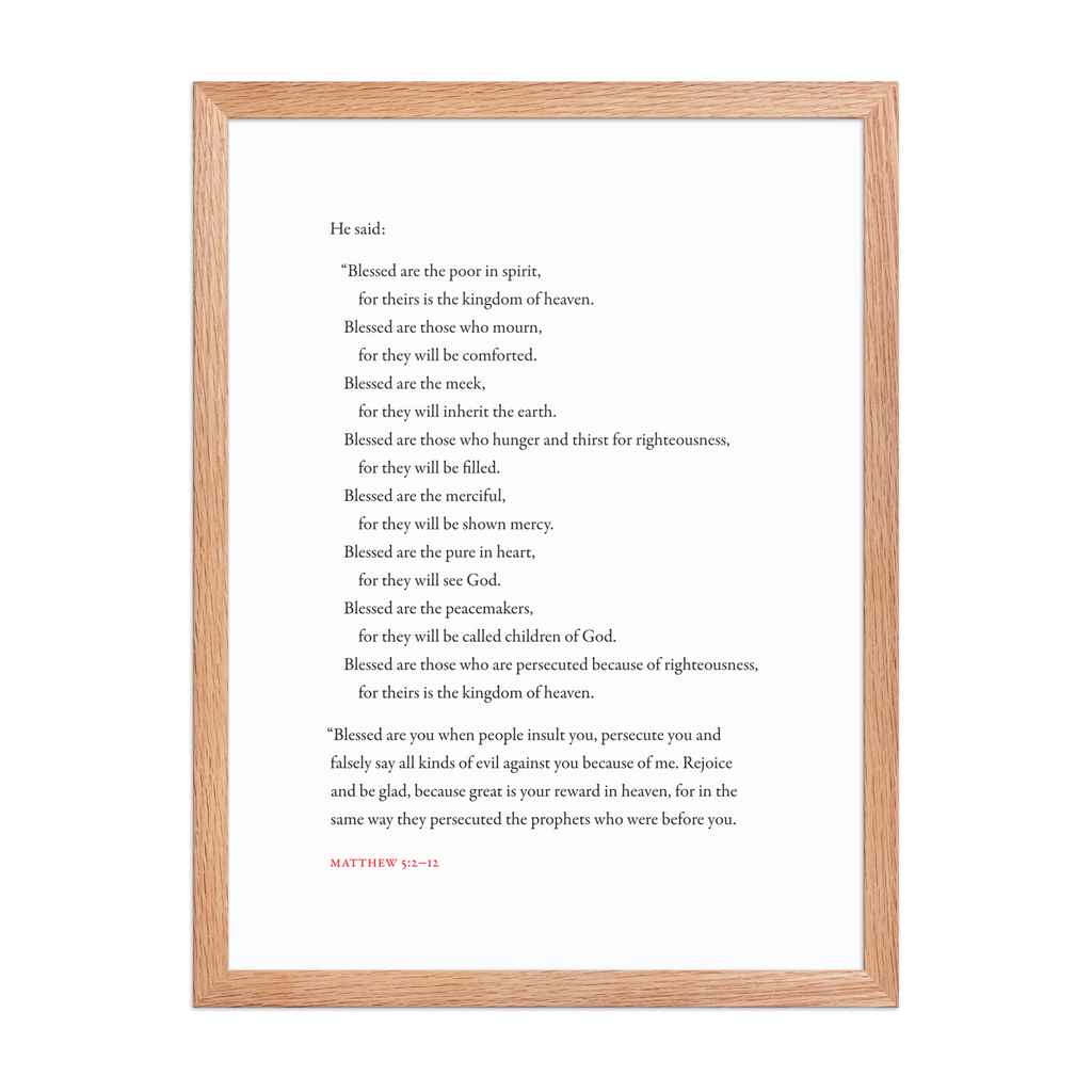 Matthew 5:2-12 Bible verse wall print in red oak frame