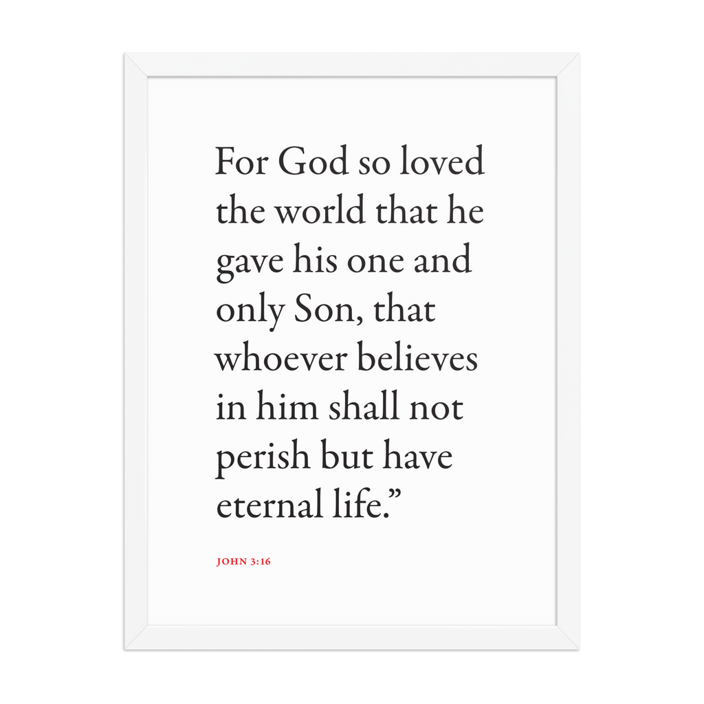 John 3:16 Bible verse wall print in white frame